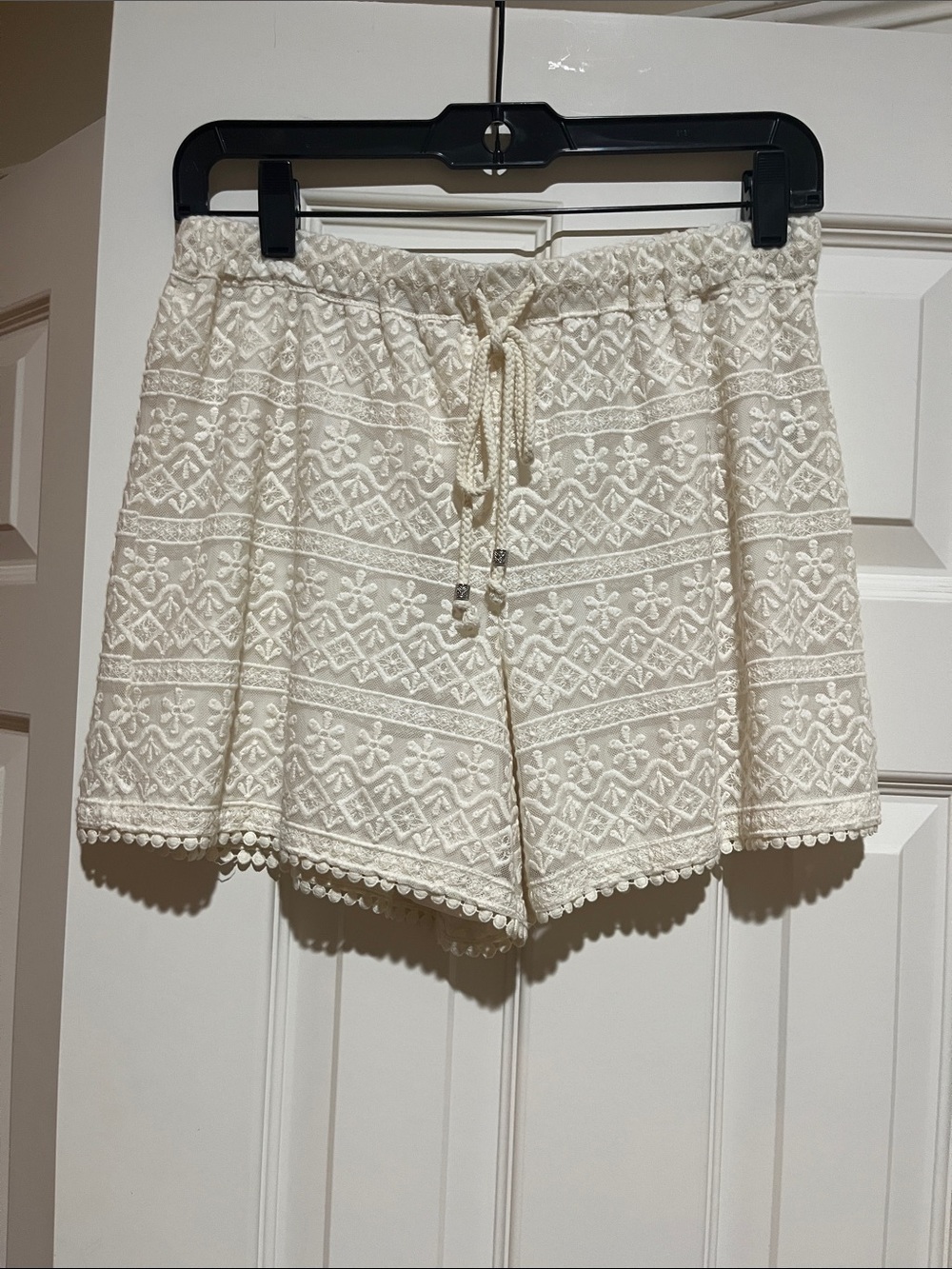 Women's Cream Embroidered Drawstring Shorts